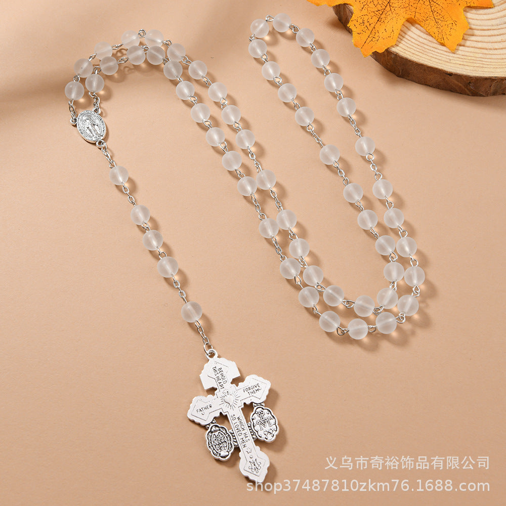 Wholesale 5pcs/pack 8mm matte glass beads cross rosary necklace