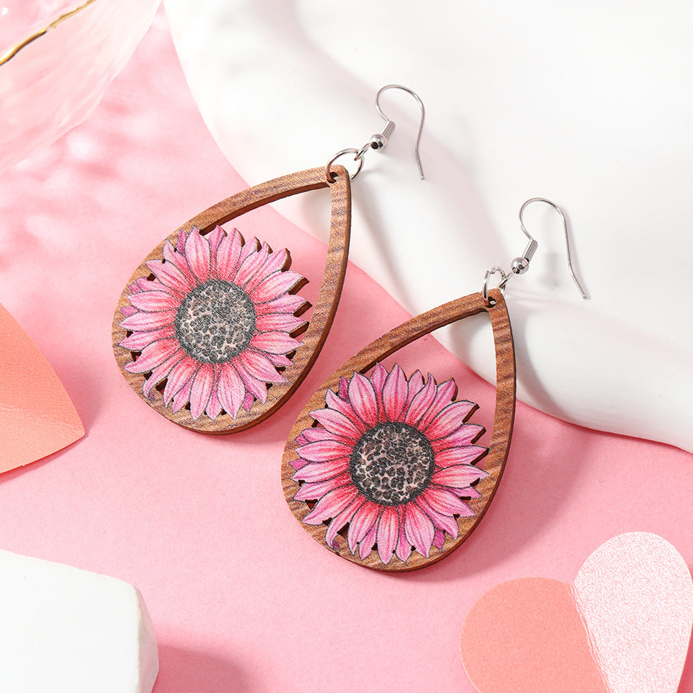 Wholesale Valentine's Day Sunflower Balloon Droplet Shaped Pendant Wooden Earrings