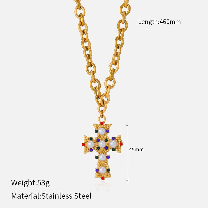 Wholesale vintage titanium steel electroplated 18K gold stainless steel cross necklace