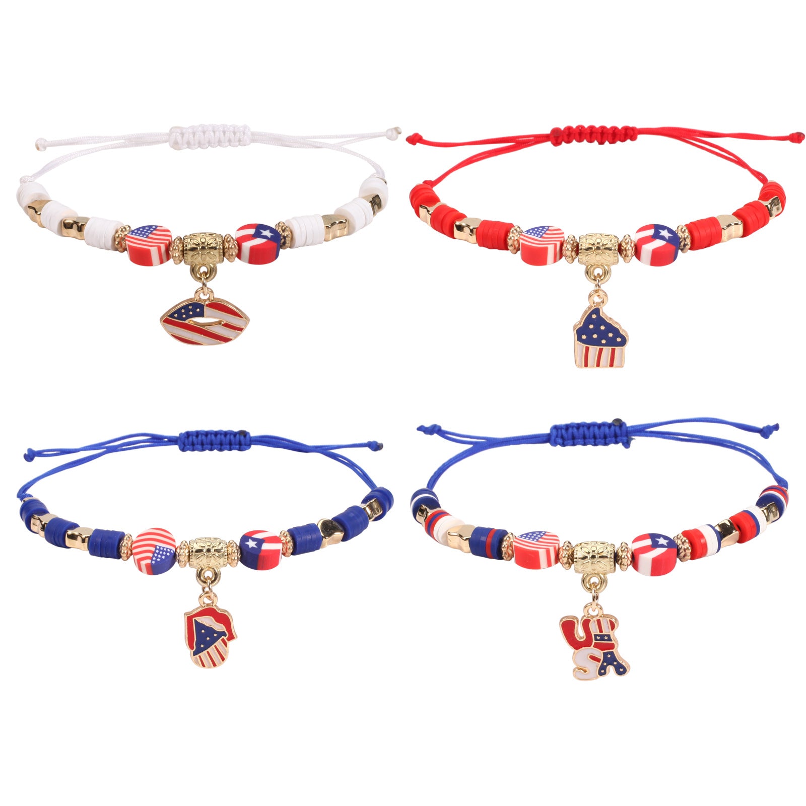 Wholesale Independence Day Braided Adjustable Heart Five-pointed Star Butterfly Red White and Blue Bracelet