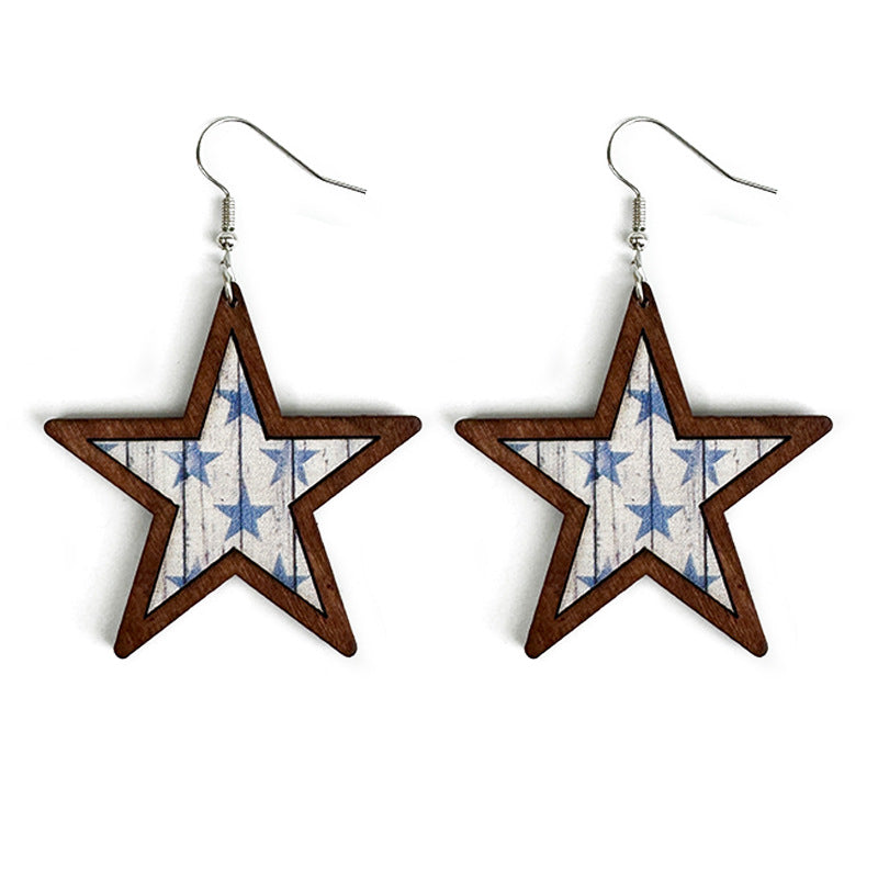 Wholesale American Independence Day Western Style Five-pointed Star Wooden Earrings