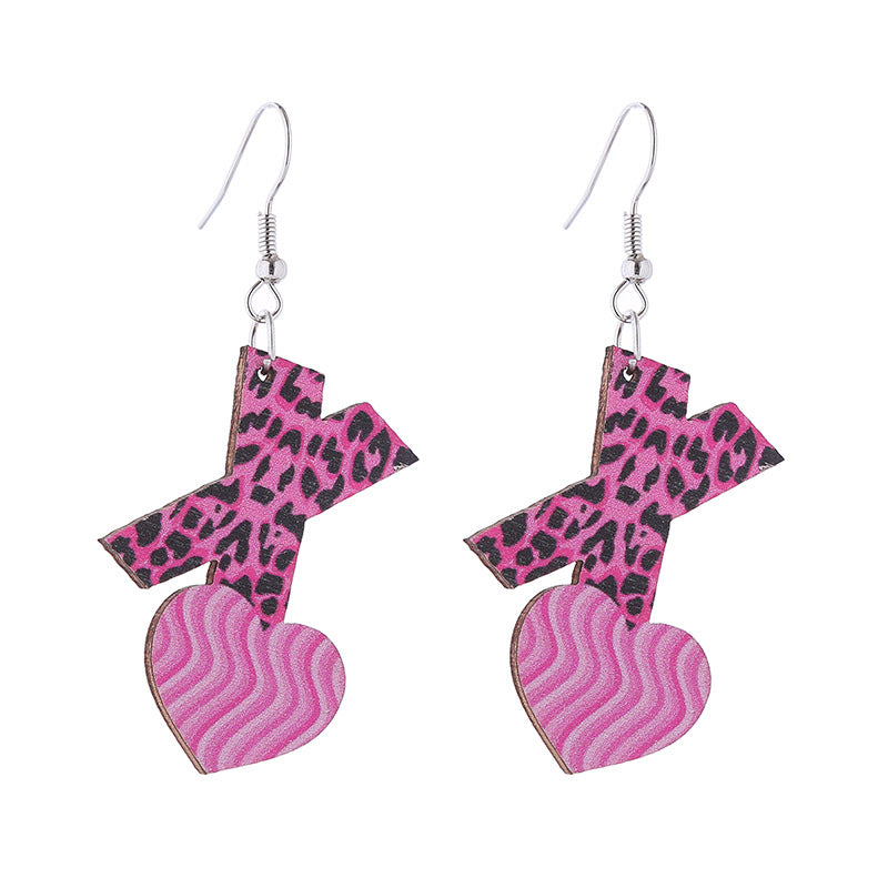 Wholesale Leopard Print Heart Pink Envelope Valentine's Day Wooden Earrings
