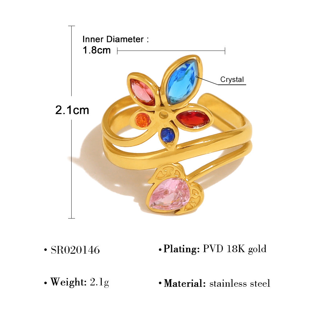 Wholesale rainbow zircon leaf ring women' s 18K gold titanium steel open ring