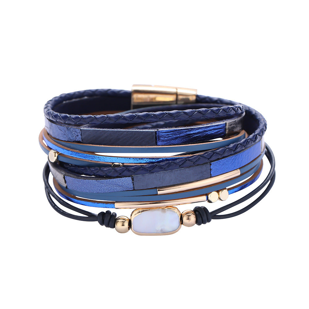 Wholesale Crystal Leather Braided Leather Vintage Bohemian Feather Turquoise Gravel Magnet Clasp Bracelet