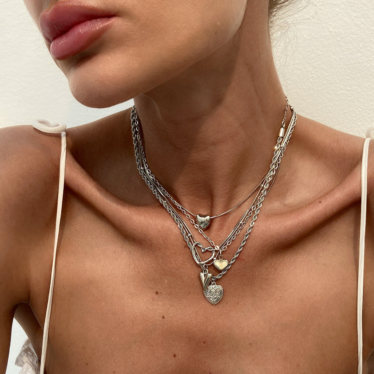 Wholesale Iron Chain Alloy Heart Pendant Layered Necklace