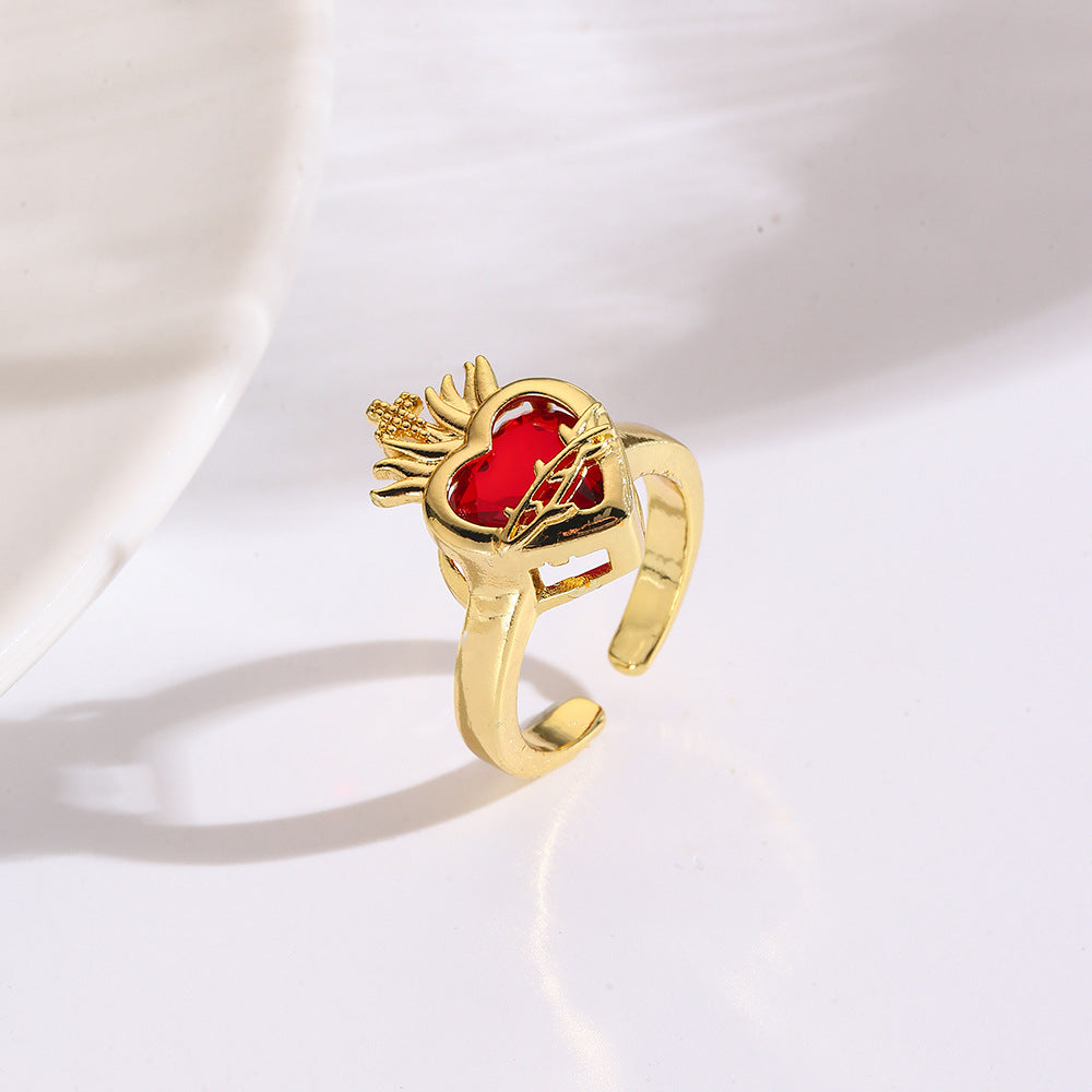 Wholesale Red Crown Heart Zircon Open  Charm   Ring