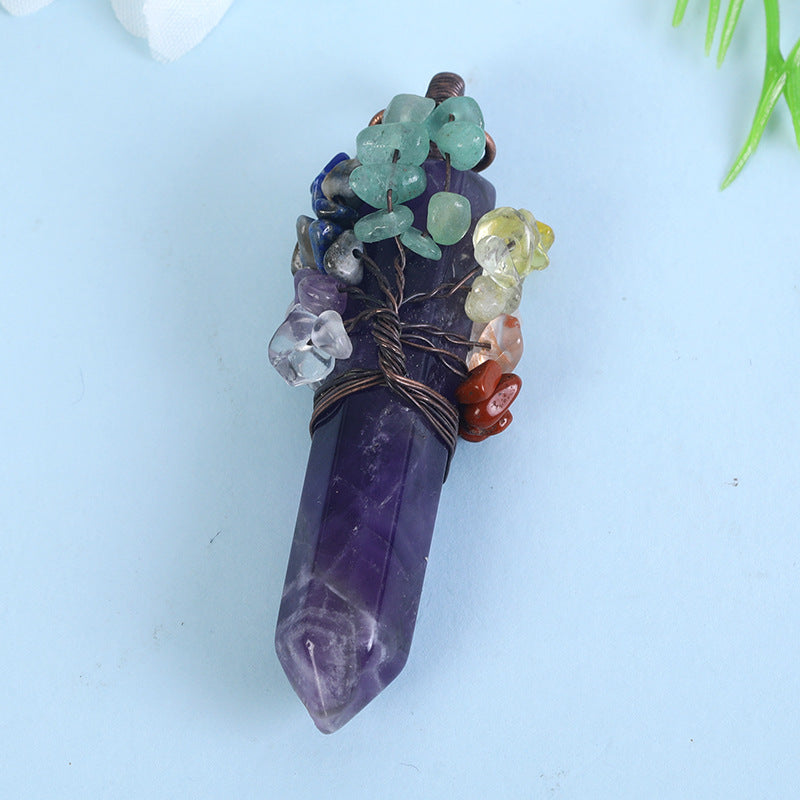 Wholesale Crystal Raw Stone Hexagonal Column Wrapped Copper Wire Tree of Life Colorful Gravel Pendant Necklaces