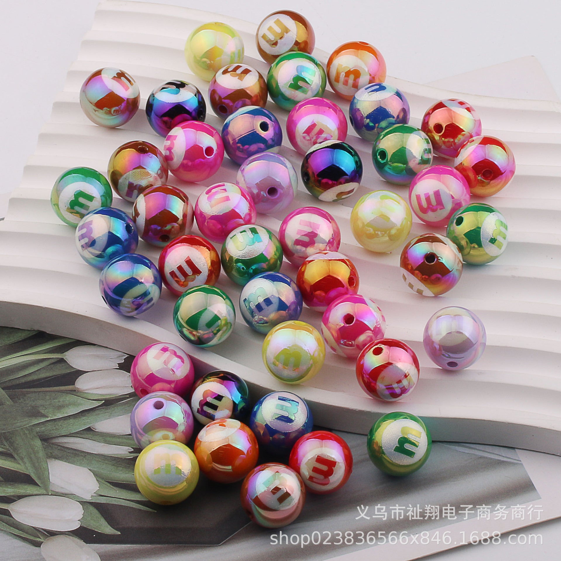 Wholesale 20pcs Acrylic UV Plating Engraving M Bean Straight Hole Two-color DIY Beads