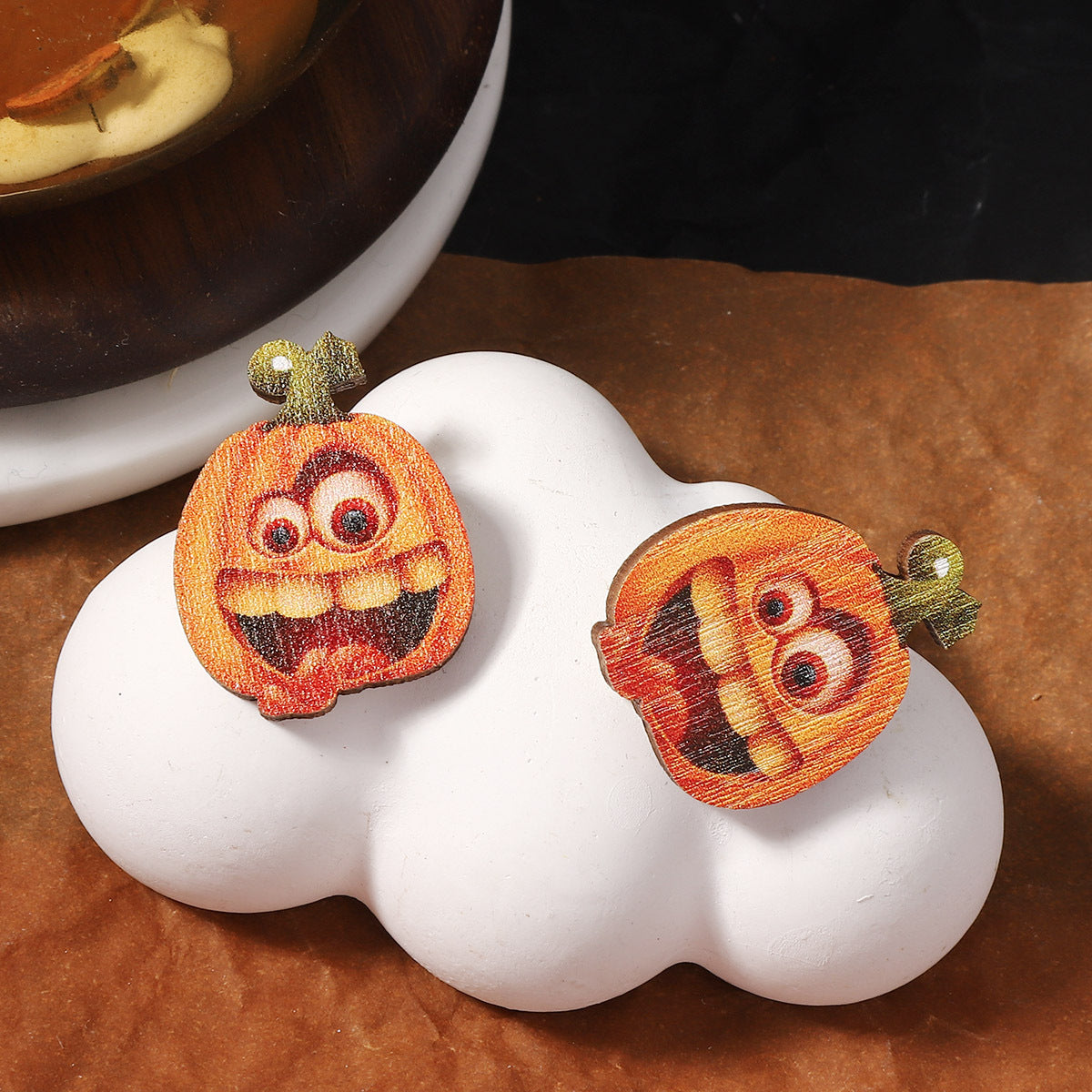Wholesale Halloween Creative Funny Wood Printed Pumpkin Expression Pack Earrings