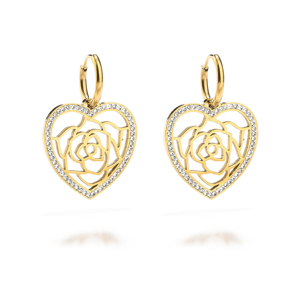 Wholesale Titanium Steel Zircon Rose Heart Pendant Tree of Life Earrings