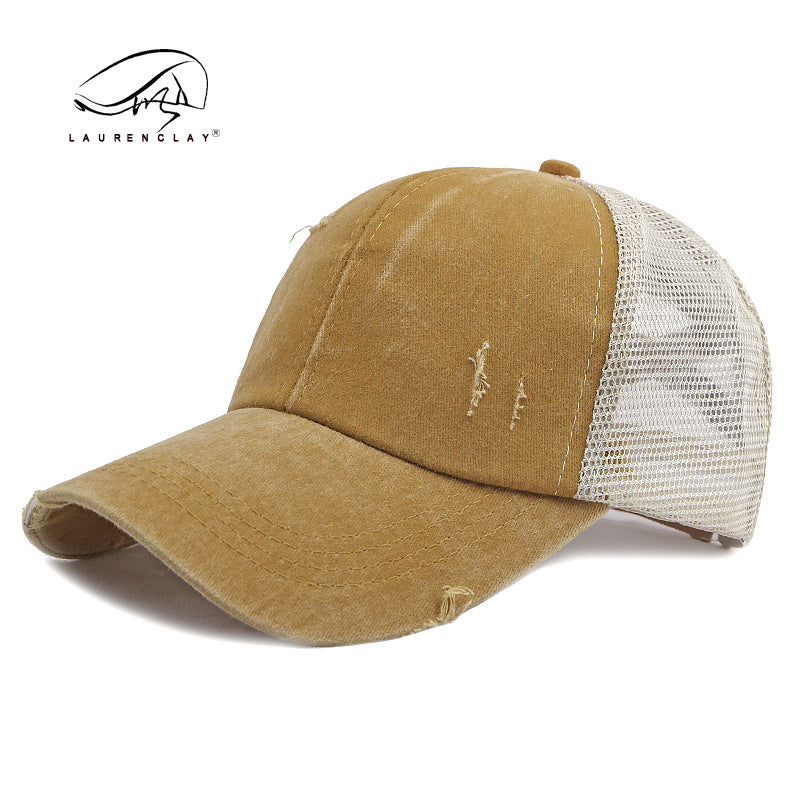Wholesale Breathable Mesh Washed Distressed Crossover Ponytail Baseball Cap
