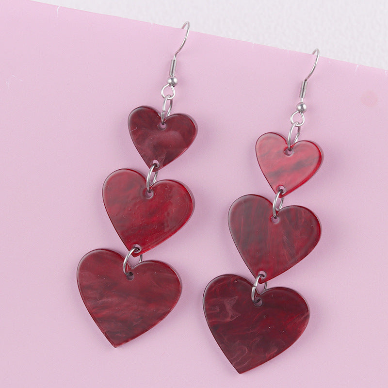 Wholesale Asymmetric long triple heart Acrylic Earrings