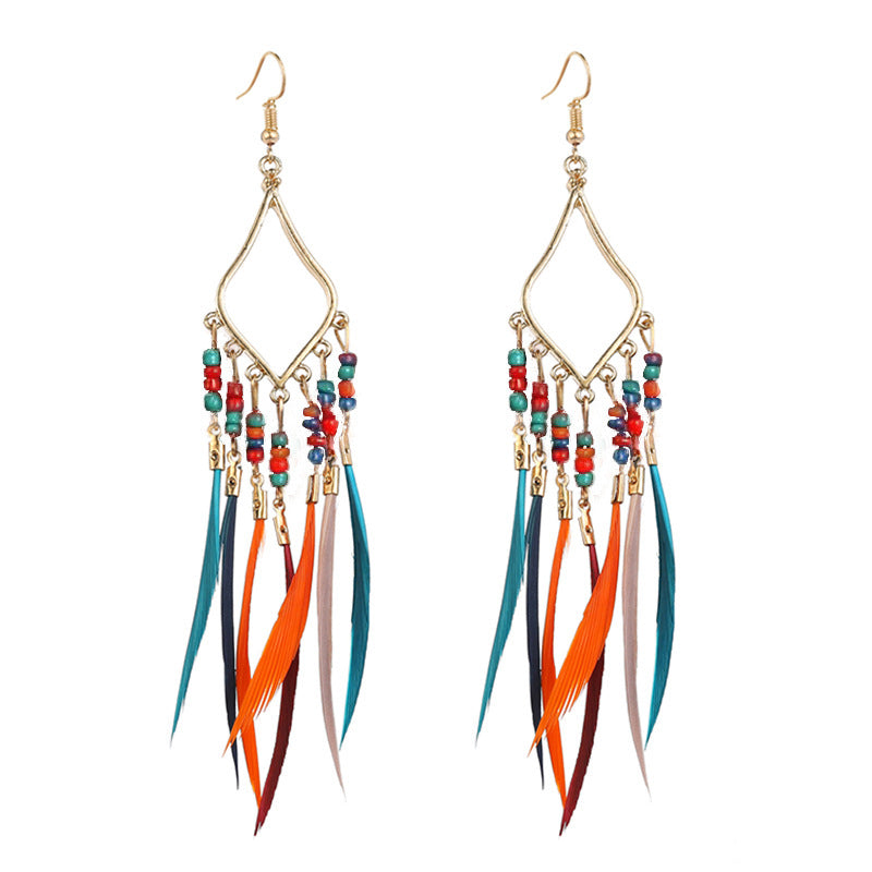 Wholesale Bohemian Slim Feather Tassel Earrings