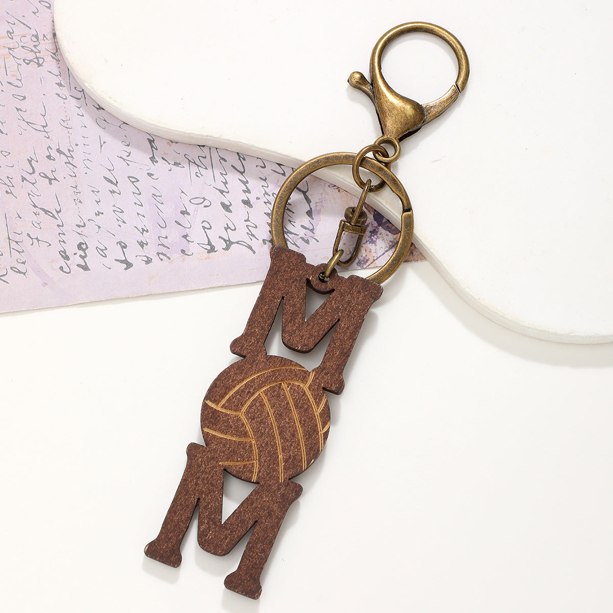 Wholesale Sports Style Ball Baseball Rugby MOM Wood Chip Vintage Keychain
