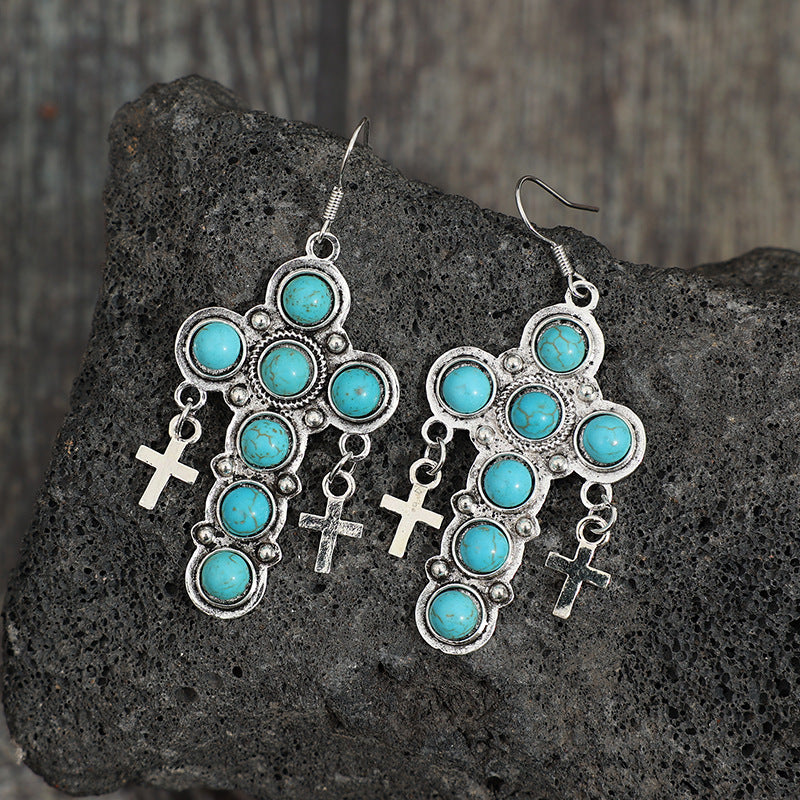 Wholesale Bohemian Cross Vintage Turquoise Alloy Earrings