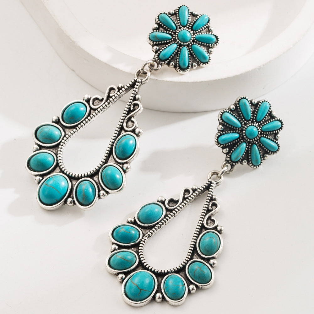 Wholesale Retro turquoise teardrop cross exaggerated earrings