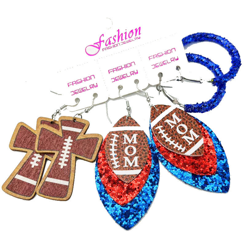 Wholesale 2 Sets Sports Rugby Field Cheer Football Cross Glitter Leather Earrings