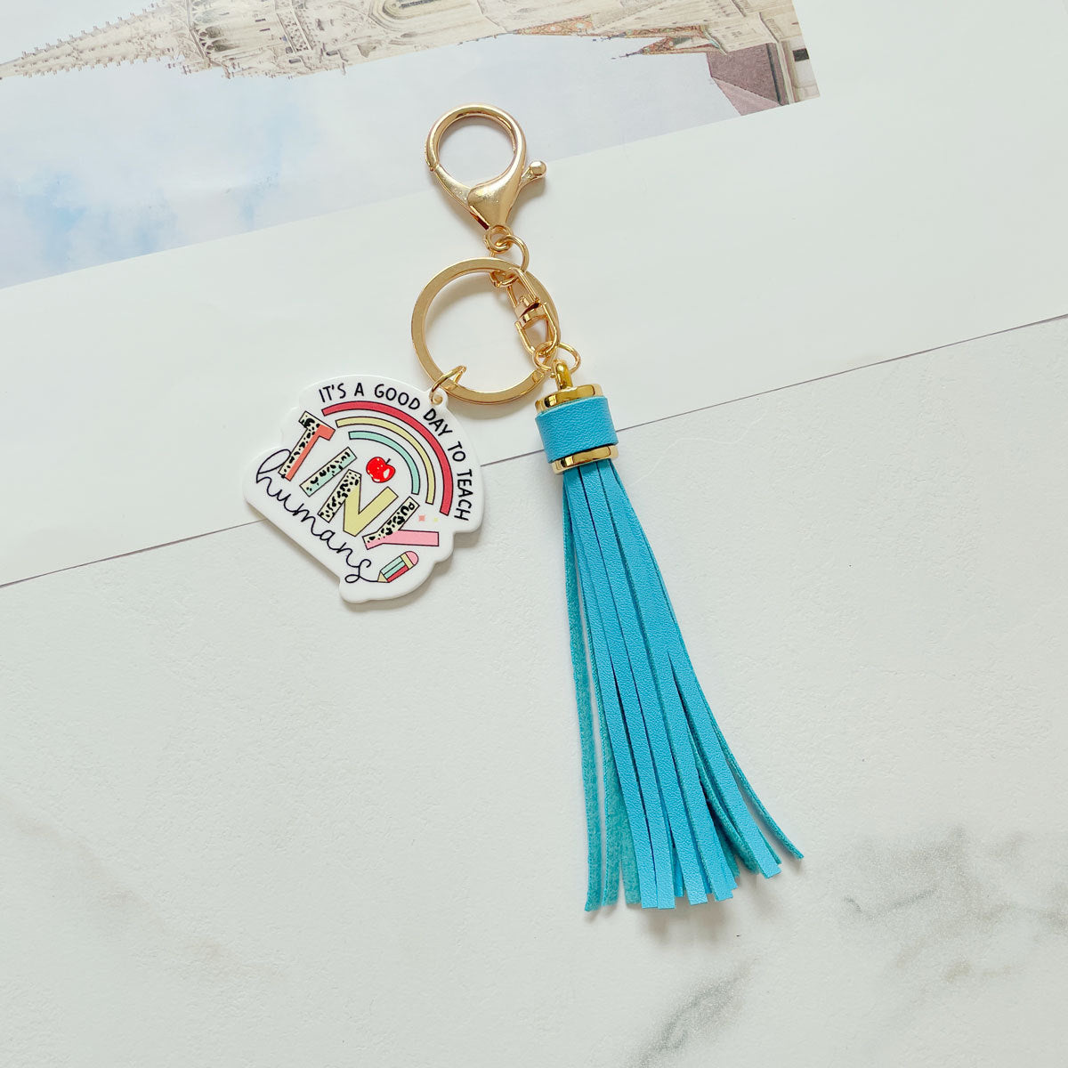 Wholesale Teacher Gifts Acrylic PU Tassel Bag Charm Keychain