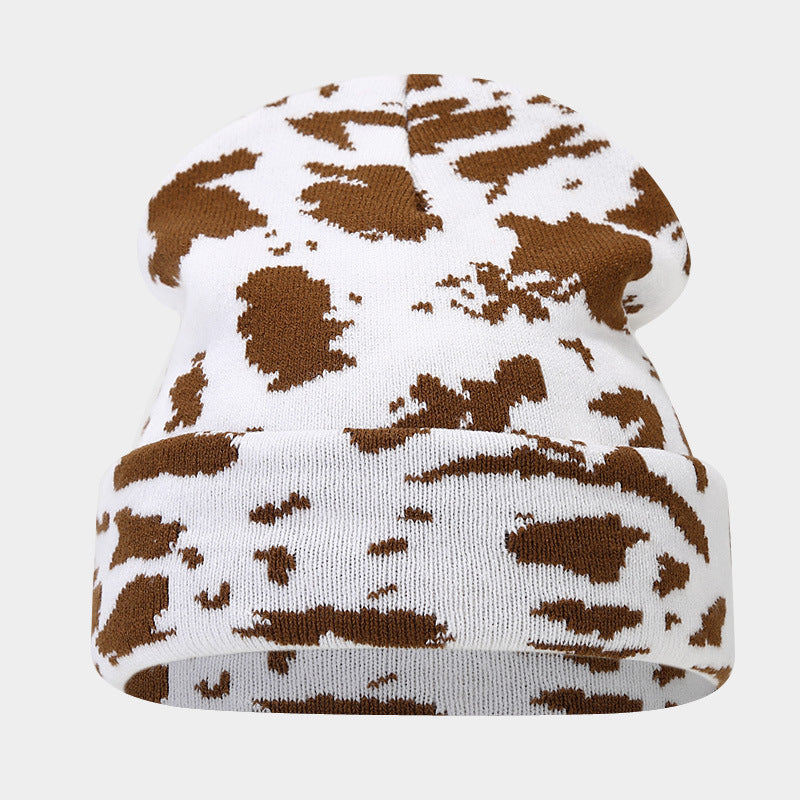 Wholesale Cow Pattern Leopard Jacquard Knitted Hat Thickened Warm Wool Hat