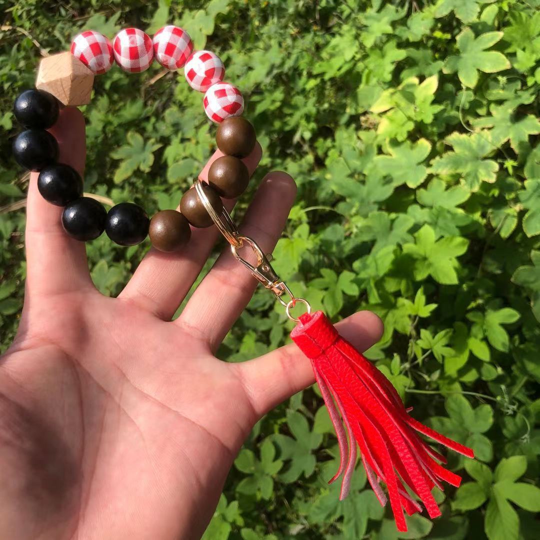 Wholesale Christmas Wooden Beads Plaid Leopard Print PU Tassel Bracelet Keychain