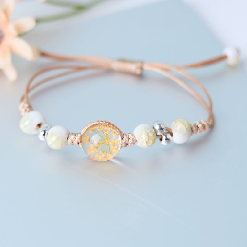 Flores secas para aliento al por mayor tira pulsera de bola de vidrio ajustable