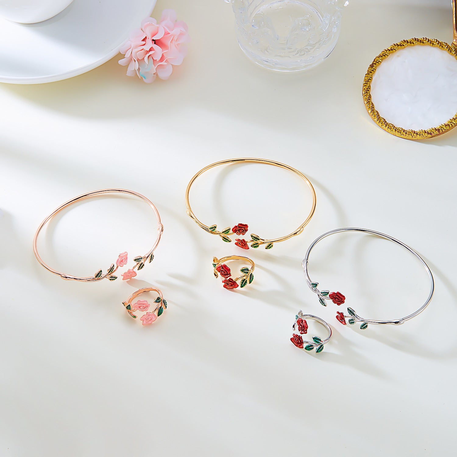 Wholesale Alloy Oil Drop Rose Open Bracelet Ring Set