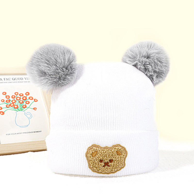 Wholesale Children's Fur Ball Knitted Hat Bear Embroidered Warm Woolen Hat