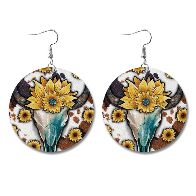 Wholesale Western Style Cow Pattern Sunflower Bull Head Leather Earrings