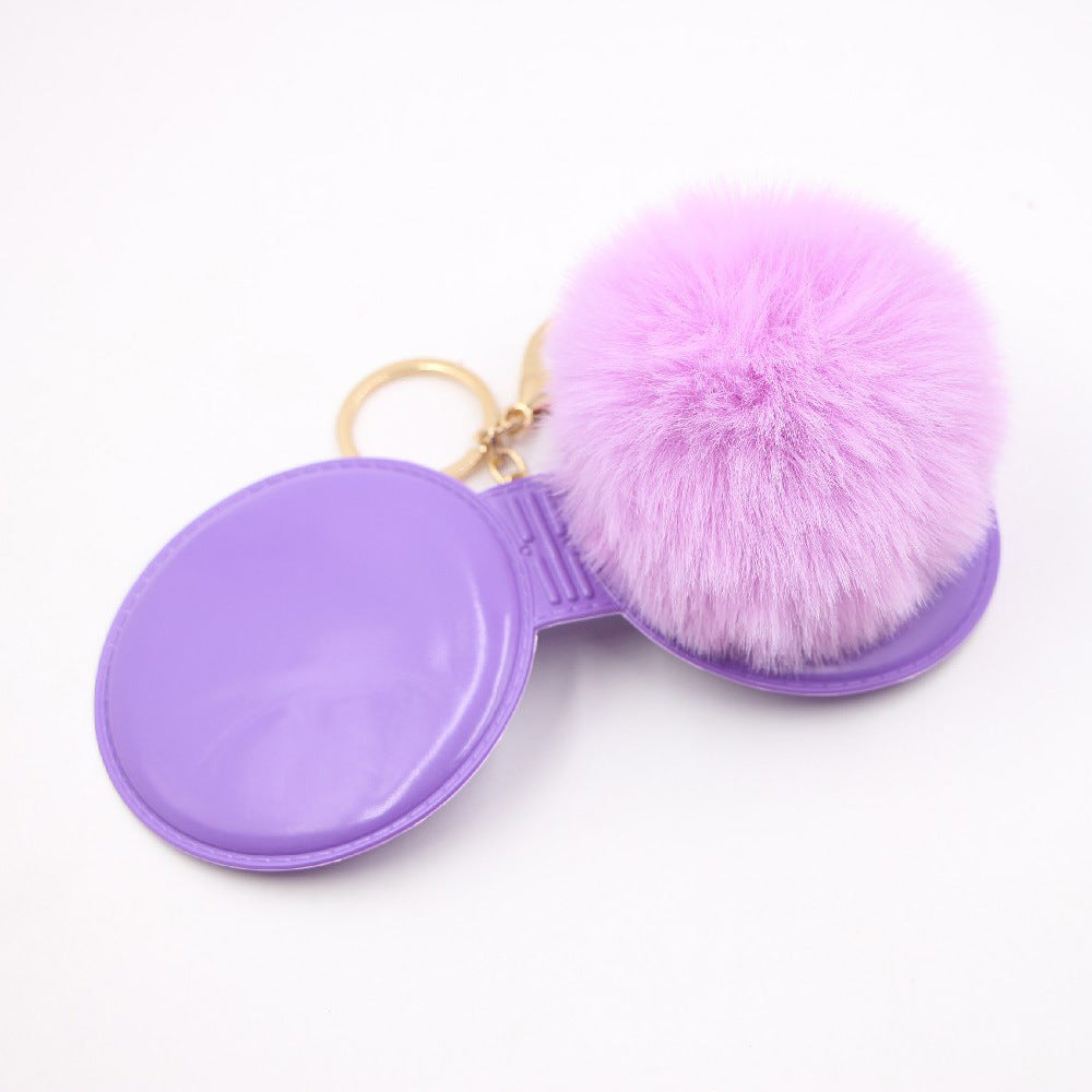 Wholesale Creative Light Gray Leather Pom Pom Mirror Keychain Bag Charm Car Key Accessory For Women Party Gift