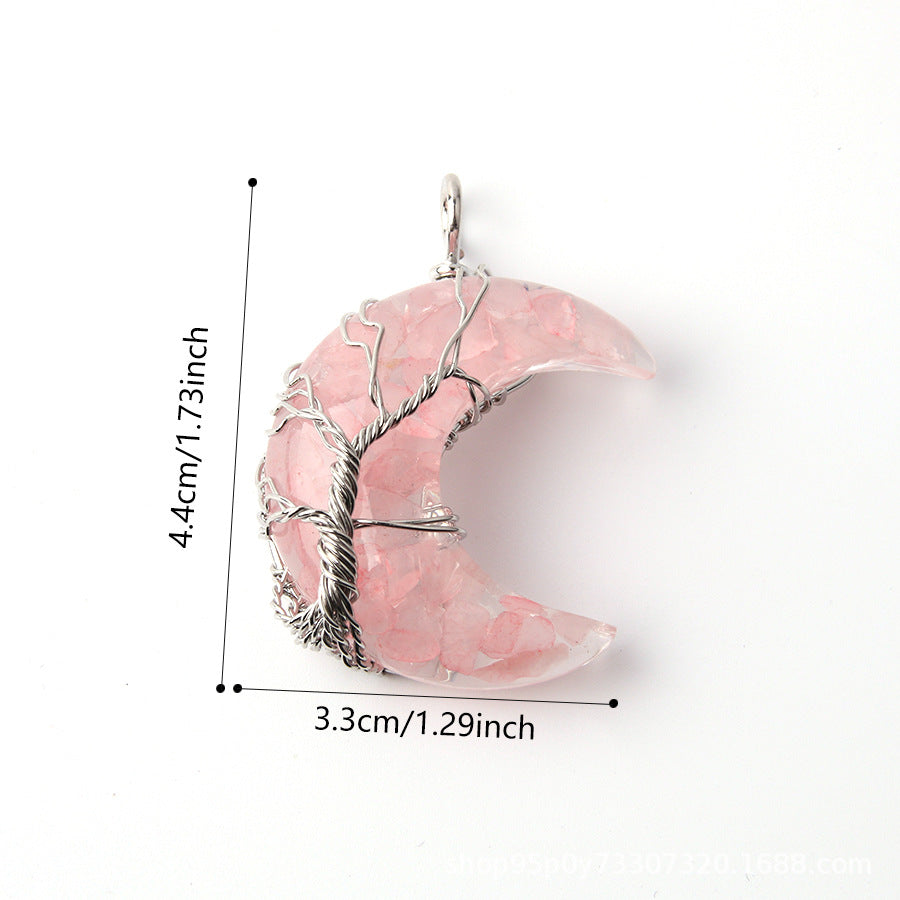 Wholesale Moon Wrap Tree of Life Gravel Pendant Resin Stainless Steel Chain Tooth Necklace