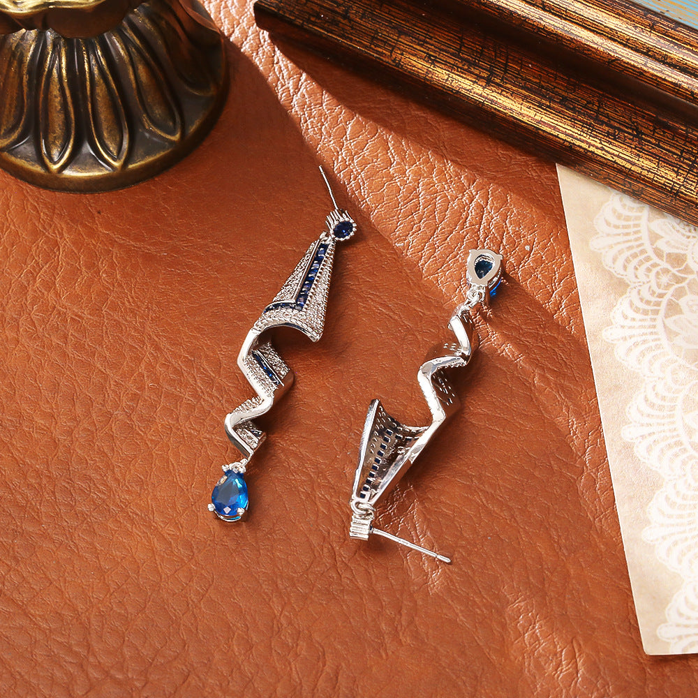 Wholesale Blue Copper Plated Gold Zircon Long Earrings