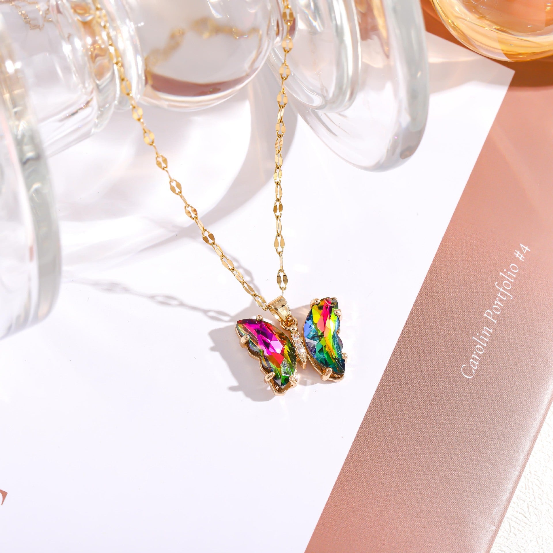 Wholesale Micropaved Zirconia Gradient Colorful Butterfly Necklace