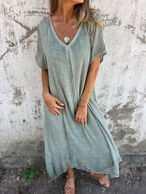 Wholesale Casual Loose Short Sleeve V-Neck Solid Color Cotton and Linen Dress