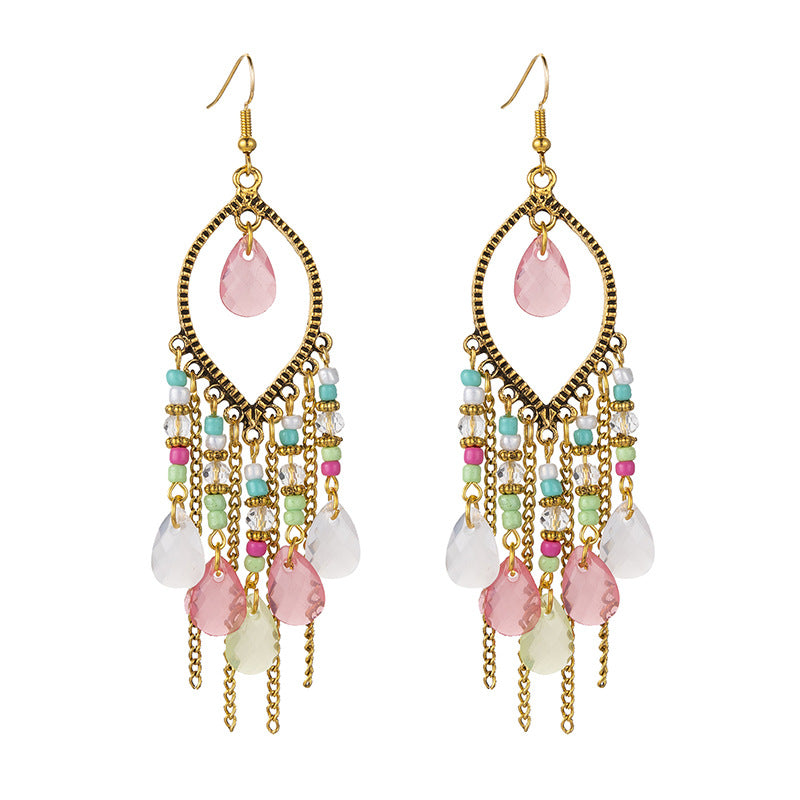 Wholesale Handmade Water Drop Rice Bead Bohemian Long Tassel Earrings