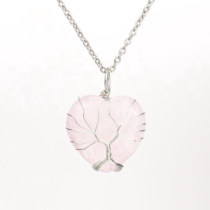 Wholesale Silver Hand-wound Heart Natural Stone Rose Quartz Tree of Life Necklace