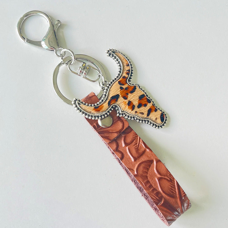 Wholesale Western style genuine leather keychain vintage brown pendant
