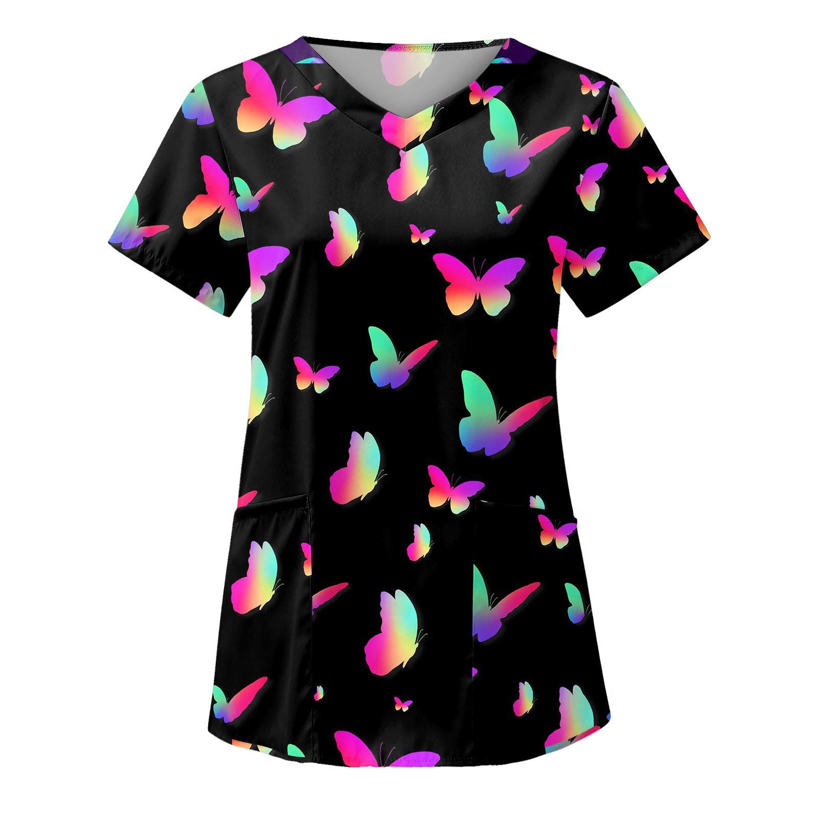 Wholesale Women's 3D Printed V-neck Pocket Polyester Short Sleeved Work Clothes