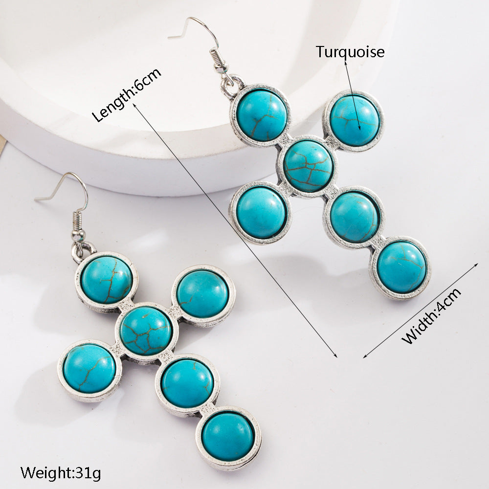 Wholesale Turquoise cross exaggerated earrings bohemian style earrings