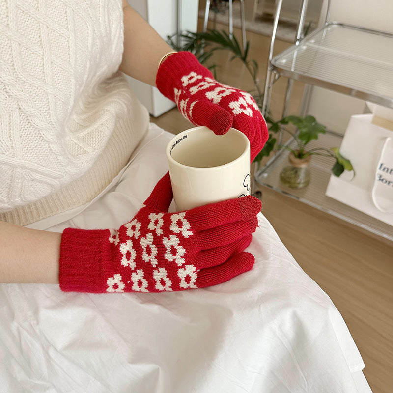 Wholesale Christmas Red Wool Knitted Warm Touch Screen Split Finger Gloves