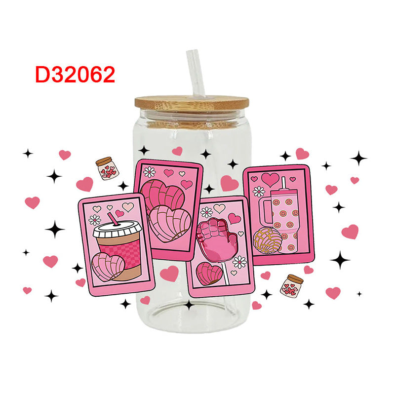 Wholesale Pink Heart  16oz Cup UV DTF Wraps