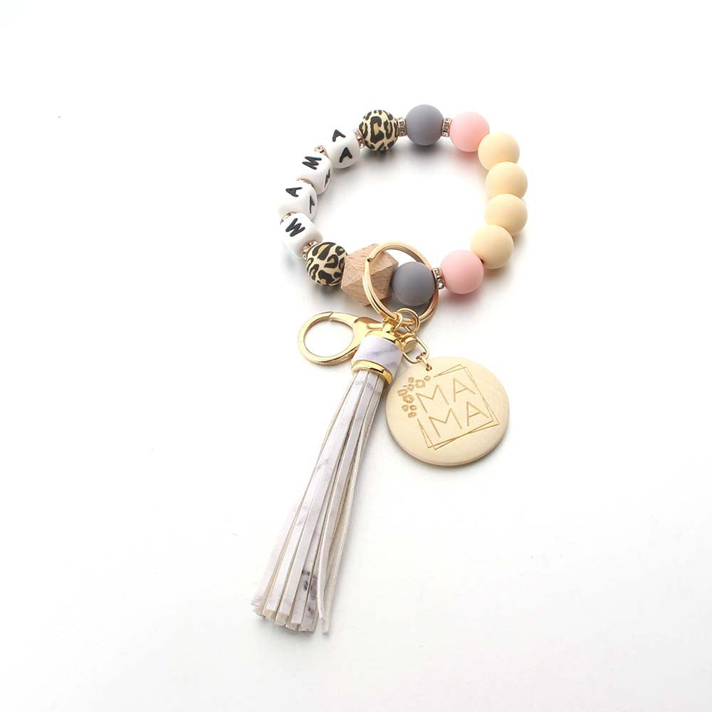 Wholesale Silicone Wooden Beads Leather Tassel MAMA Wrist Keychain