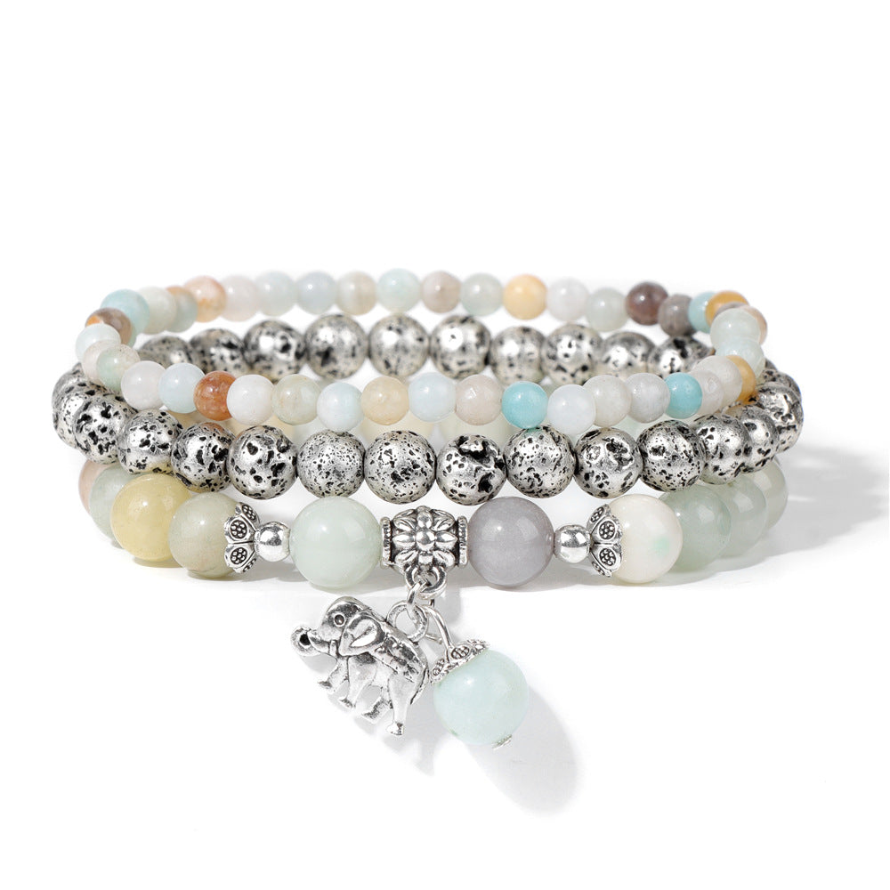 Cuentas de piedra natural al por mayor cuentas de piedra volcánica colgante de elefante de tres capas pulsera