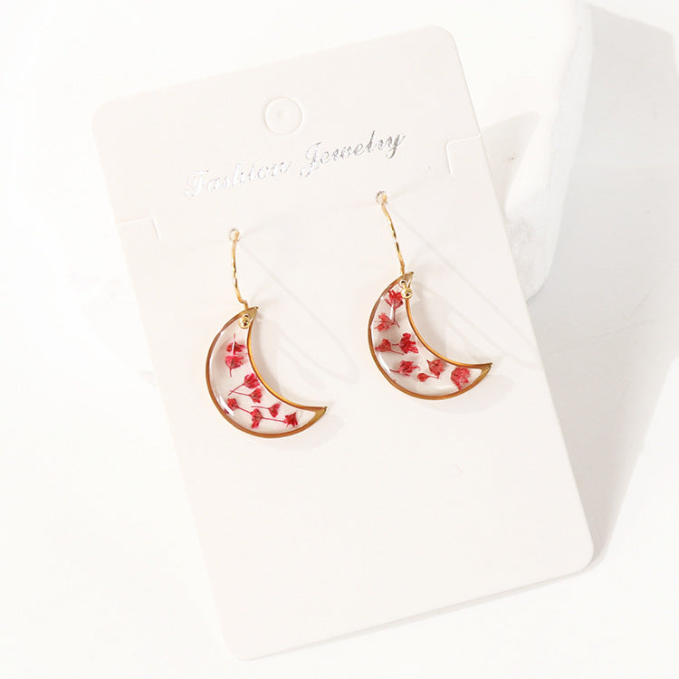 Wholesale 6pcs Natural Dried Flower Moon Shape Drop Glue Earrings