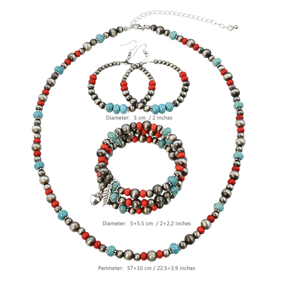 Wholesale Retro Bohemian red turquoise beaded jewelry ethnic style ancient tin necklace earrings bracelet three-piece set