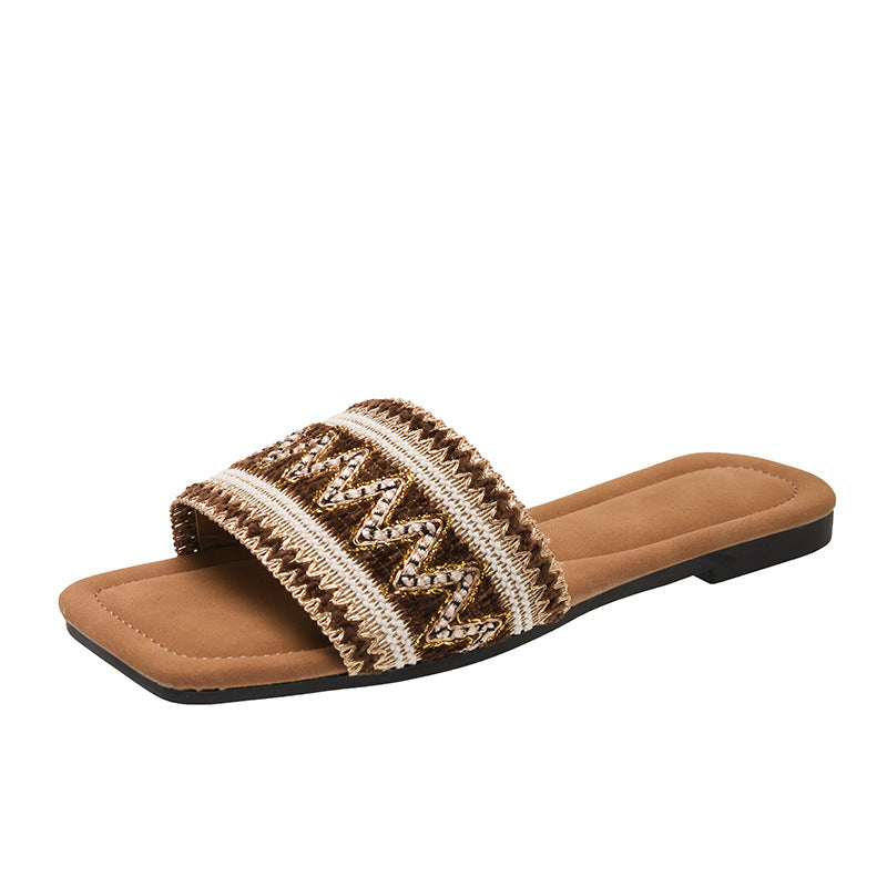 Wholesale Bohemian Square Head Rhinestone Flat Bottom Casual Beach Sandals