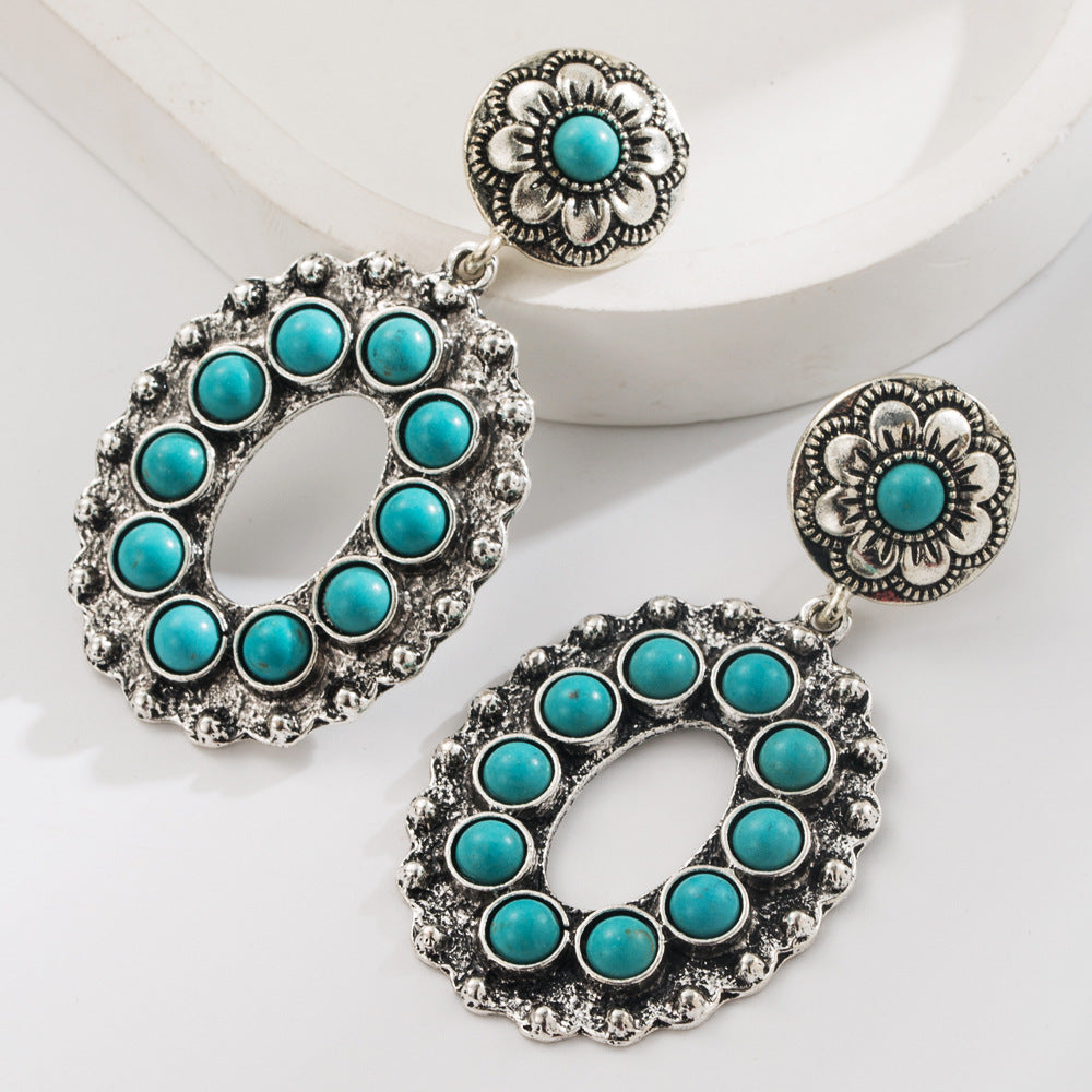 Wholesale Retro Western Turquoise Inlay Alloy Earrings Hollow Flower Design For Women Fashion Accessory