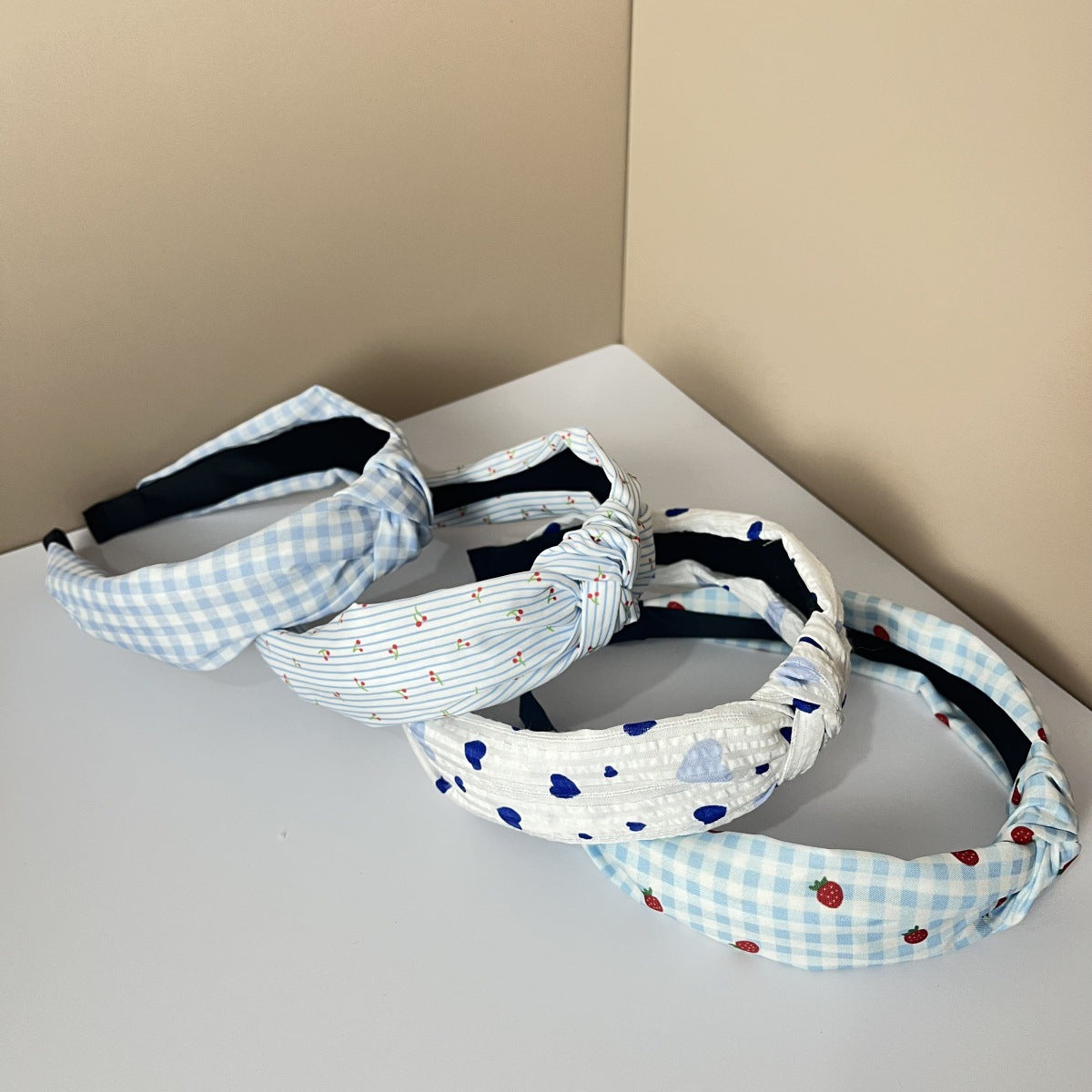 Wholesale Fabric Pure Flower Fruit Lemon Orange Cherry Wide Edge Knotted Headband Combination 4Pcs