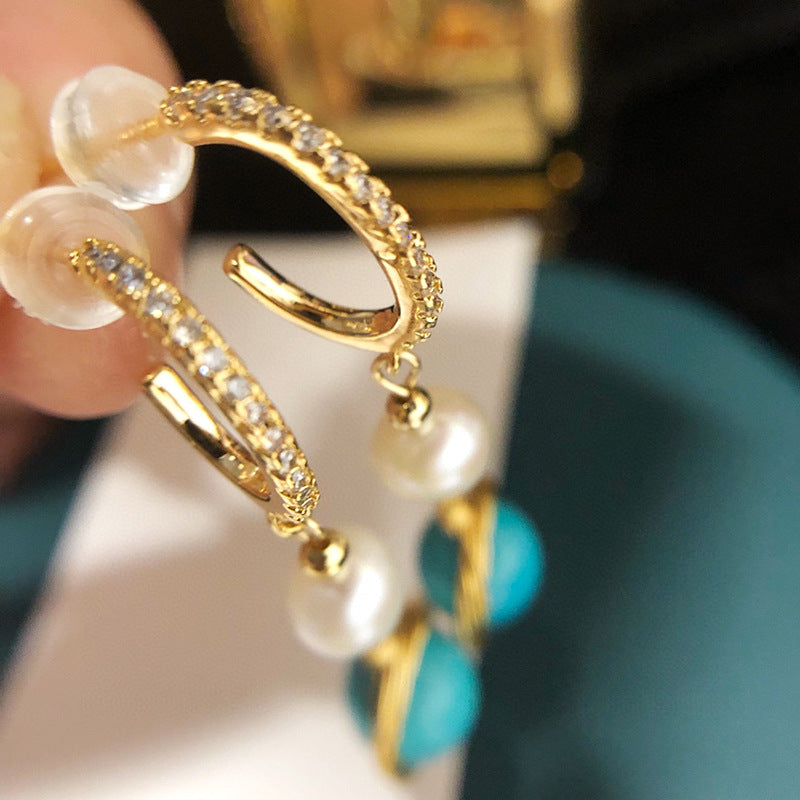 Wholesale Natural pearl hand wound turquoise long earrings