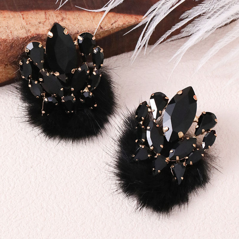 Wholesale Plush Ball Colorful Rhinestone Earrings