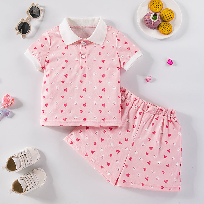 Wholesale Toddler Girl Summer Two Piece Set Pink Heart Print Polo T Shirt With Shorts Korean Style Party Outfit